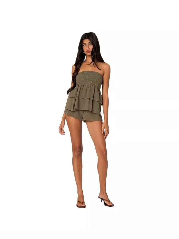 Женский топ-труба Harleigh Ruffled Linen Look Edikted — изображение 2 из 5, оливковый