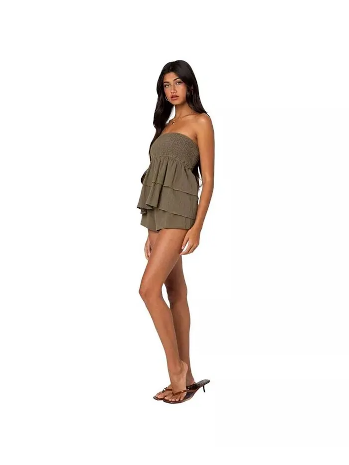 Женский топ-труба Harleigh Ruffled Linen Look Edikted — изображение 3 из 5, оливковый
