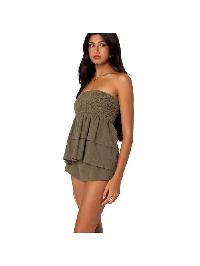 Женский топ-труба Harleigh Ruffled Linen Look Edikted — изображение 5 из 5, оливковый
