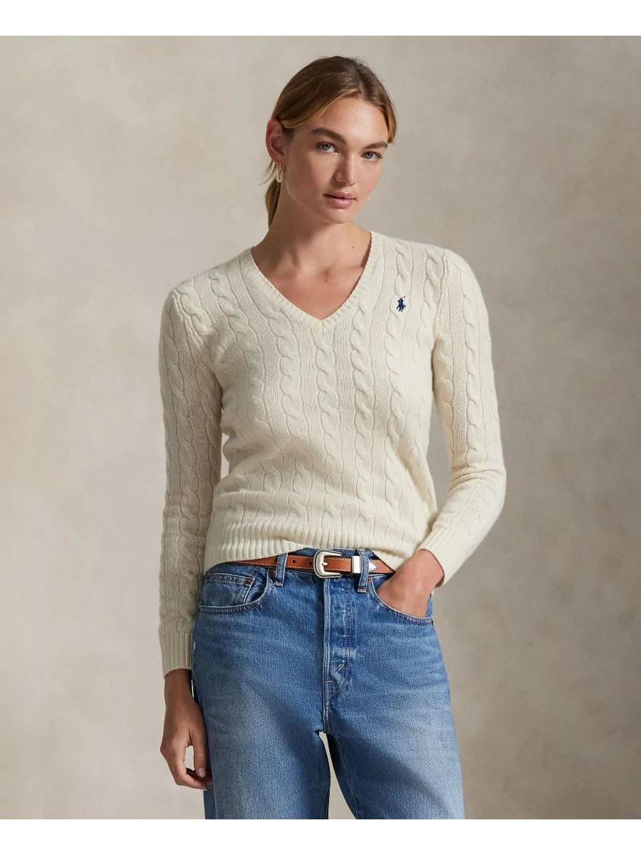 Женский свитер с V-образным вырезом из шерсти и кашемира с косами Polo Ralph Lauren — изображение 1 из 5, бежевый