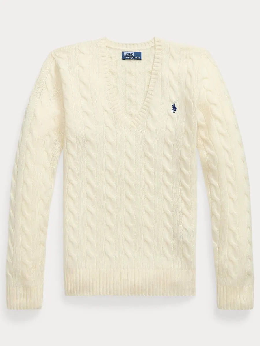 Женский свитер с V-образным вырезом из шерсти и кашемира с косами Polo Ralph Lauren — изображение 3 из 5, бежевый