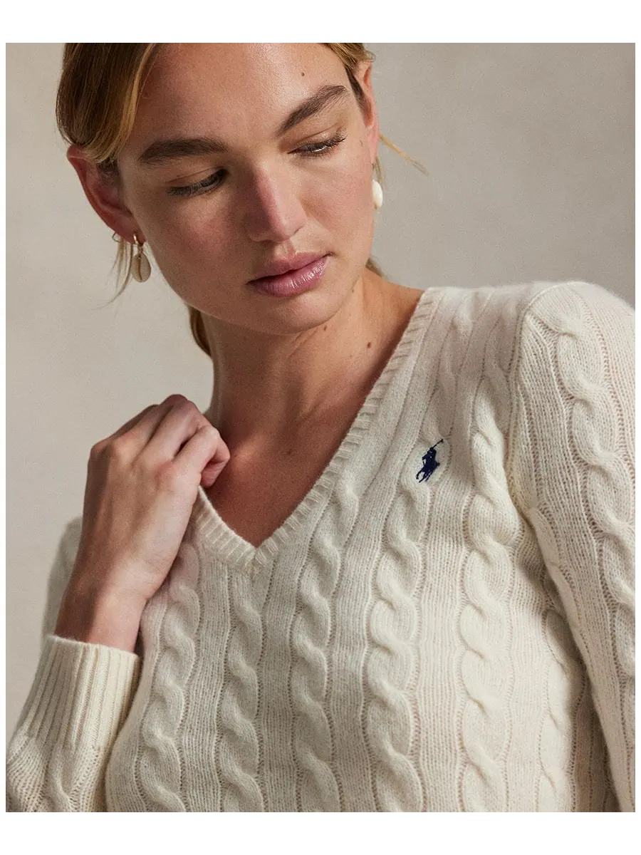 Женский свитер с V-образным вырезом из шерсти и кашемира с косами Polo Ralph Lauren — изображение 4 из 5, бежевый