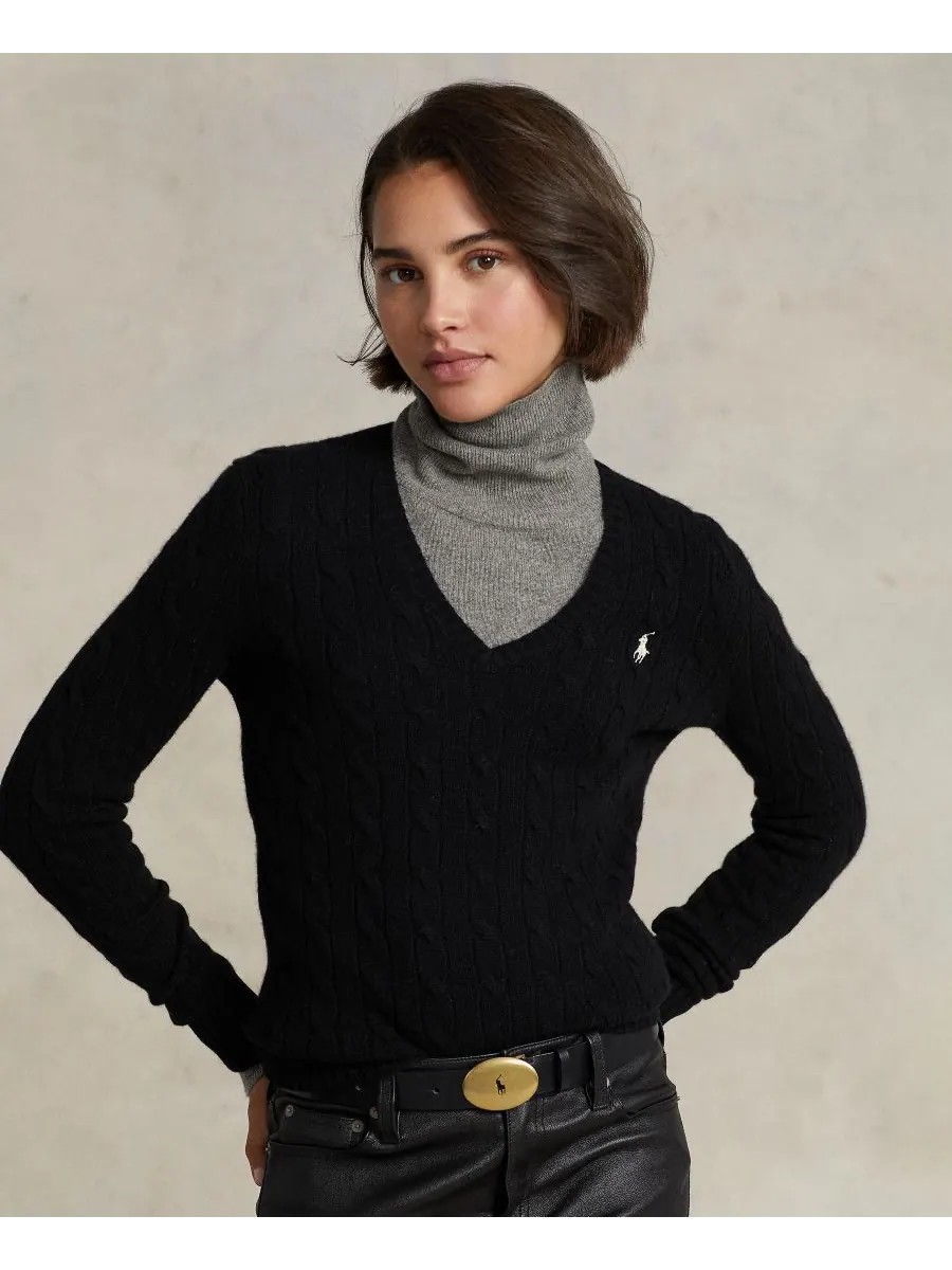 Женский свитер с V-образным вырезом из шерсти и кашемира с косами Polo Ralph Lauren — изображение 1 из 3, черный