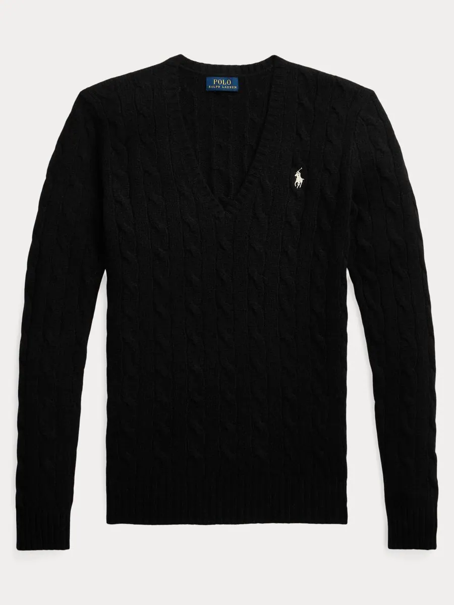 Женский свитер с V-образным вырезом из шерсти и кашемира с косами Polo Ralph Lauren — изображение 2 из 3, черный