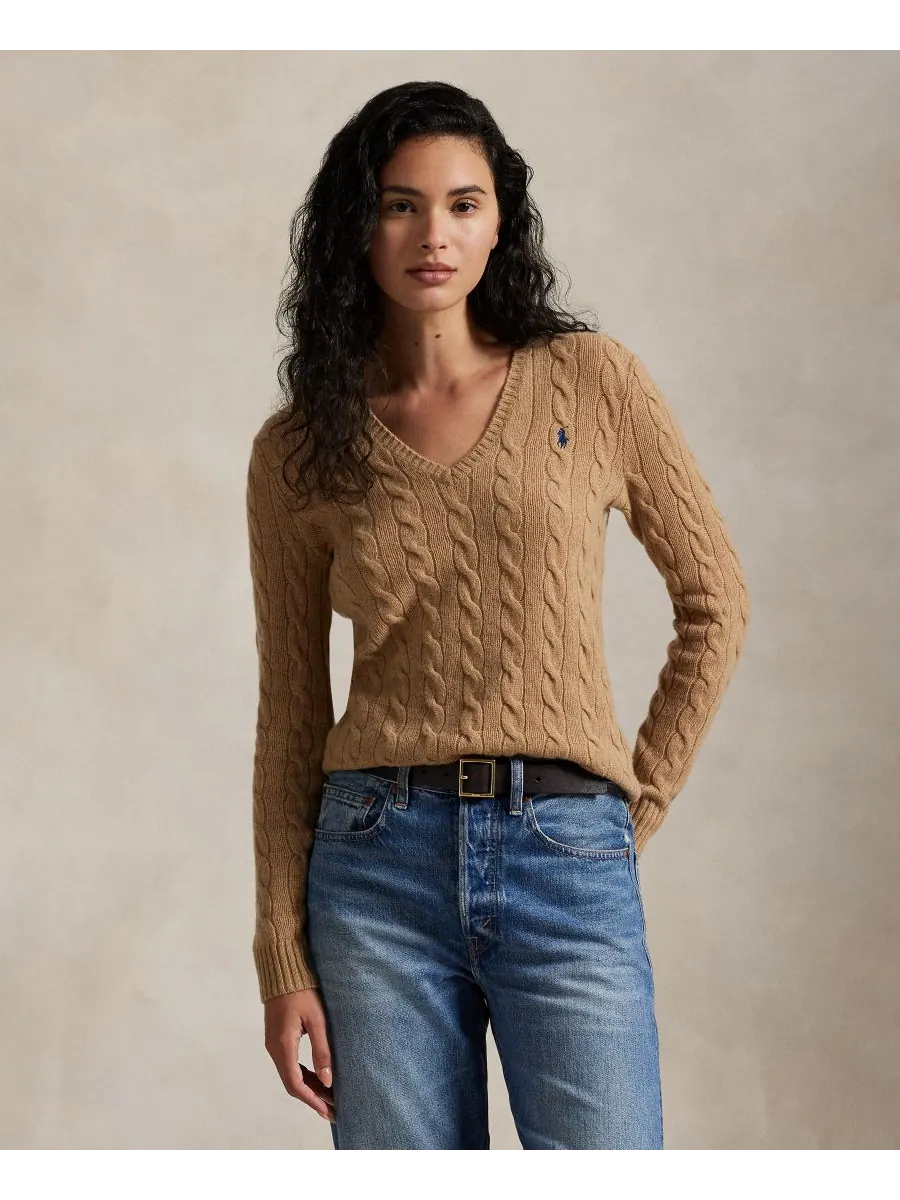 Женский свитер с V-образным вырезом из шерсти и кашемира с косами Polo Ralph Lauren, Camel Melange
