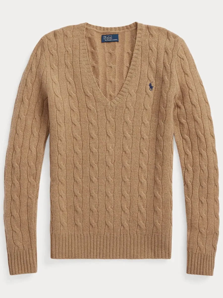 Женский свитер с V-образным вырезом из шерсти и кашемира с косами Polo Ralph Lauren, Camel Melange — изображение 3 из 5