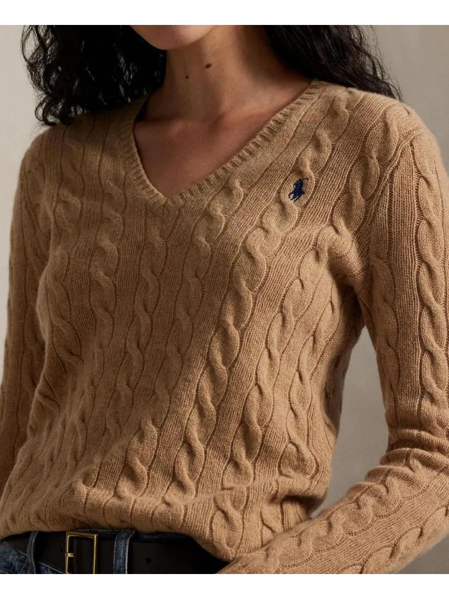 Женский свитер с V-образным вырезом из шерсти и кашемира с косами Polo Ralph Lauren, Camel Melange — изображение 4 из 5