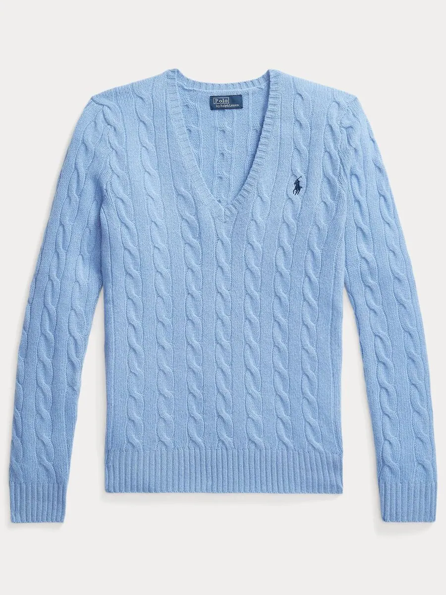 Женский свитер с V-образным вырезом из шерсти и кашемира с косами Polo Ralph Lauren — изображение 3 из 5, синий