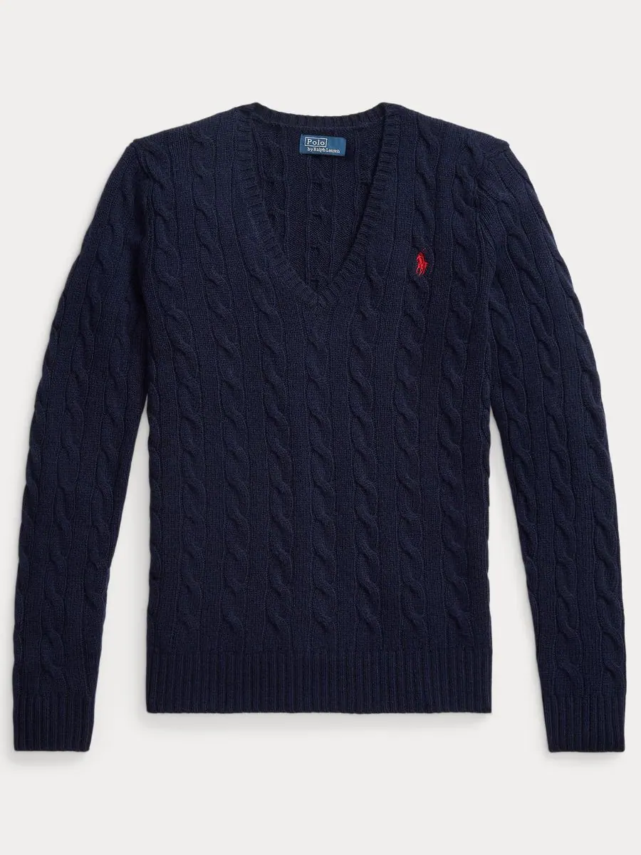 Женский свитер с V-образным вырезом из шерсти и кашемира с косами Polo Ralph Lauren — изображение 3 из 5, темно-синий