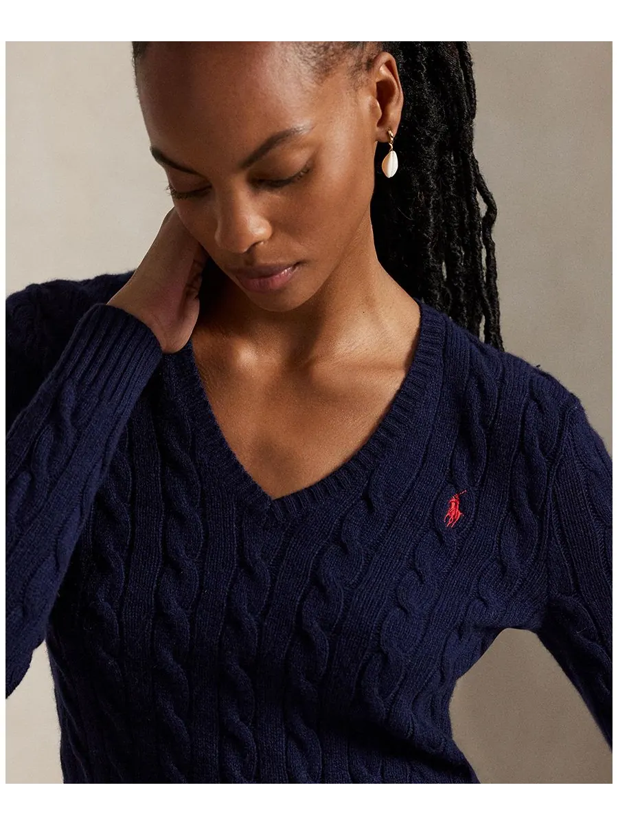 Женский свитер с V-образным вырезом из шерсти и кашемира с косами Polo Ralph Lauren — изображение 4 из 5, темно-синий