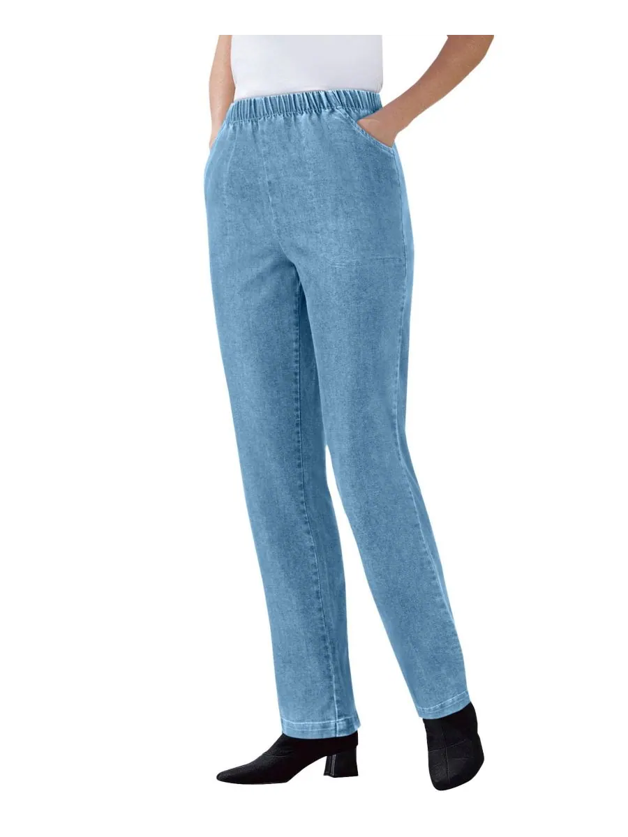 Женские джинсы Within Straight Leg Fineline Pull-On Stretch Denim Woman Within — изображение 1 из 3, бежевый