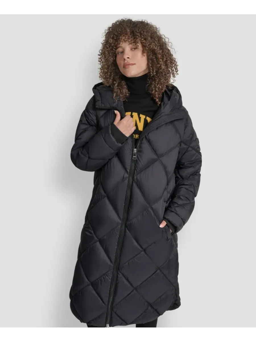 Женская стеганая пуховая куртка с капюшоном в виде ромбов DKNY — изображение 4 из 7, черный