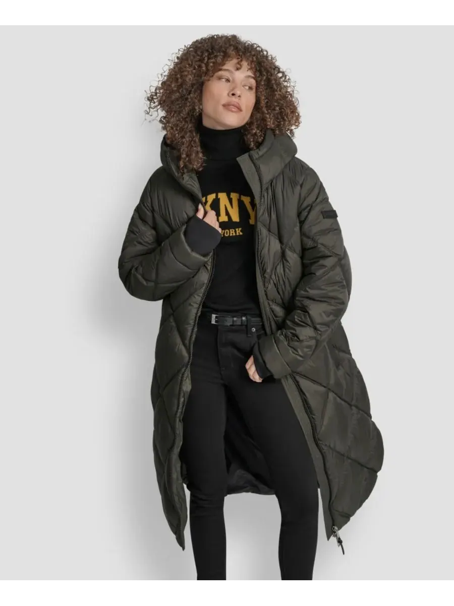 Женская стеганая пуховая куртка с капюшоном в виде ромбов DKNY — изображение 6 из 8, лоден