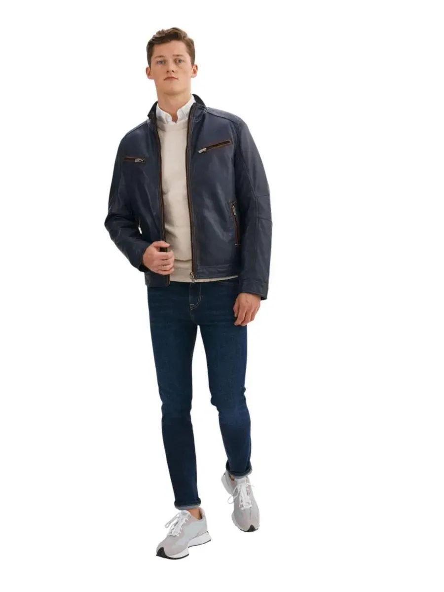 Мужская кожаная байкерская куртка GUNNAR Regency Leathers — изображение 2 из 3, темно-синий/коньячный