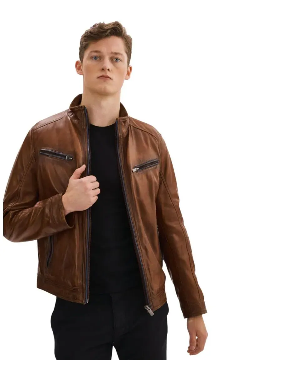 Мужская кожаная байкерская куртка GUNNAR Regency Leathers — изображение 2 из 3, коньячный/темно-синий