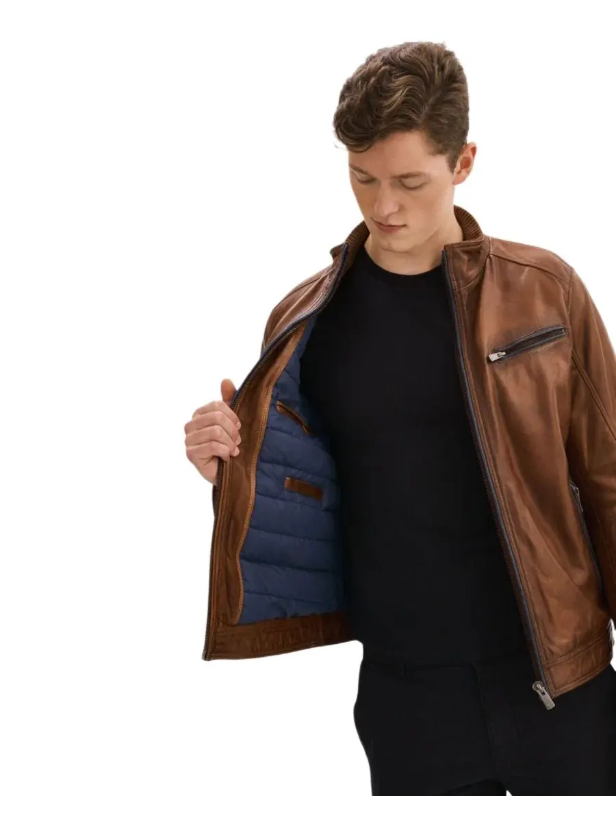 Мужская кожаная байкерская куртка GUNNAR Regency Leathers — изображение 3 из 3, коньячный/темно-синий