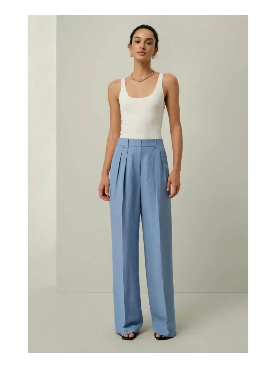 Брюки свободного кроя с высокой посадкой Chambray Blue LILYSILK — изображение 4 из 7, синий