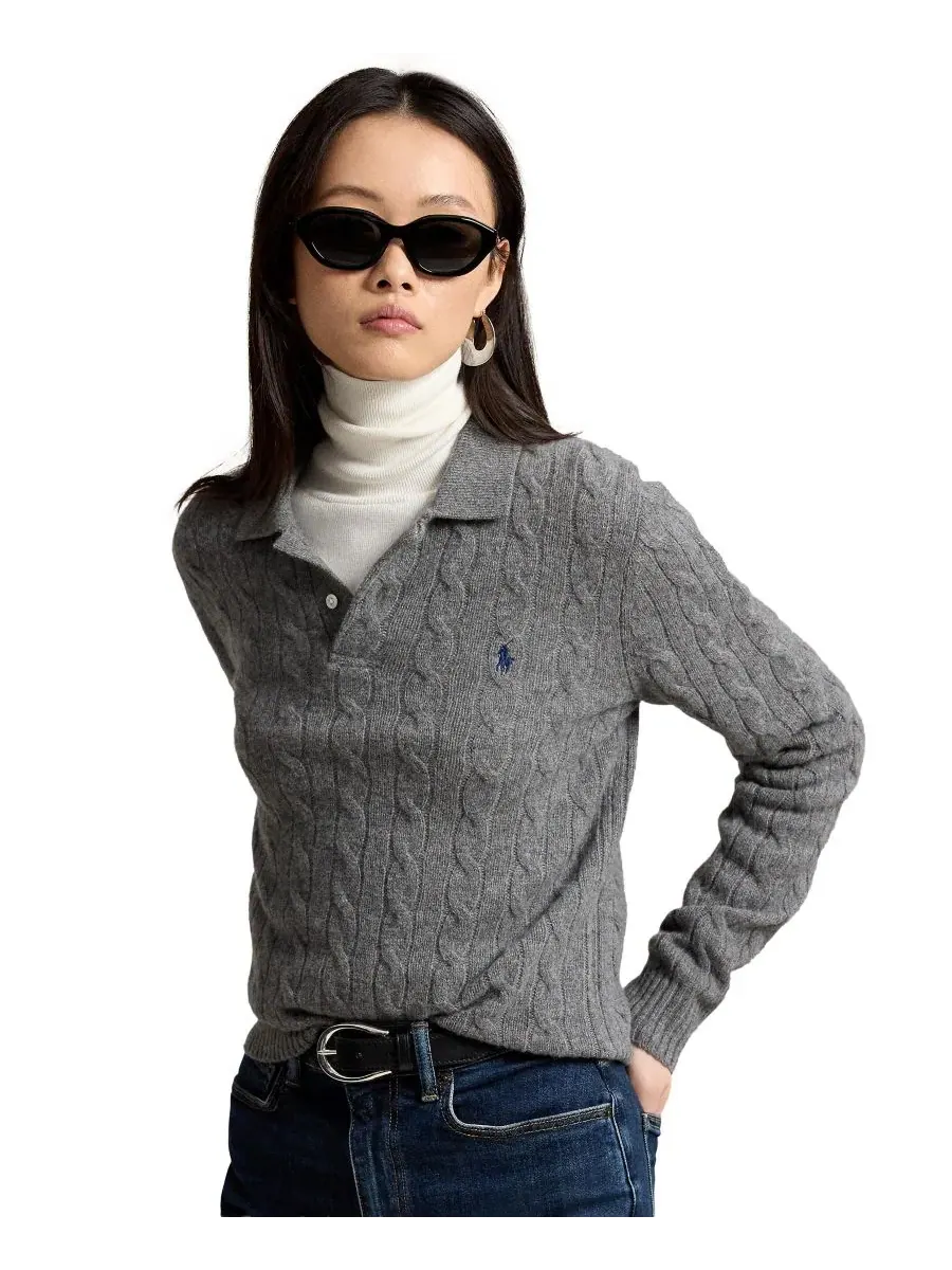 Свитер с поло-воротником, с длинным рукавом, с косами Polo Ralph Lauren — изображение 1 из 5, серый
