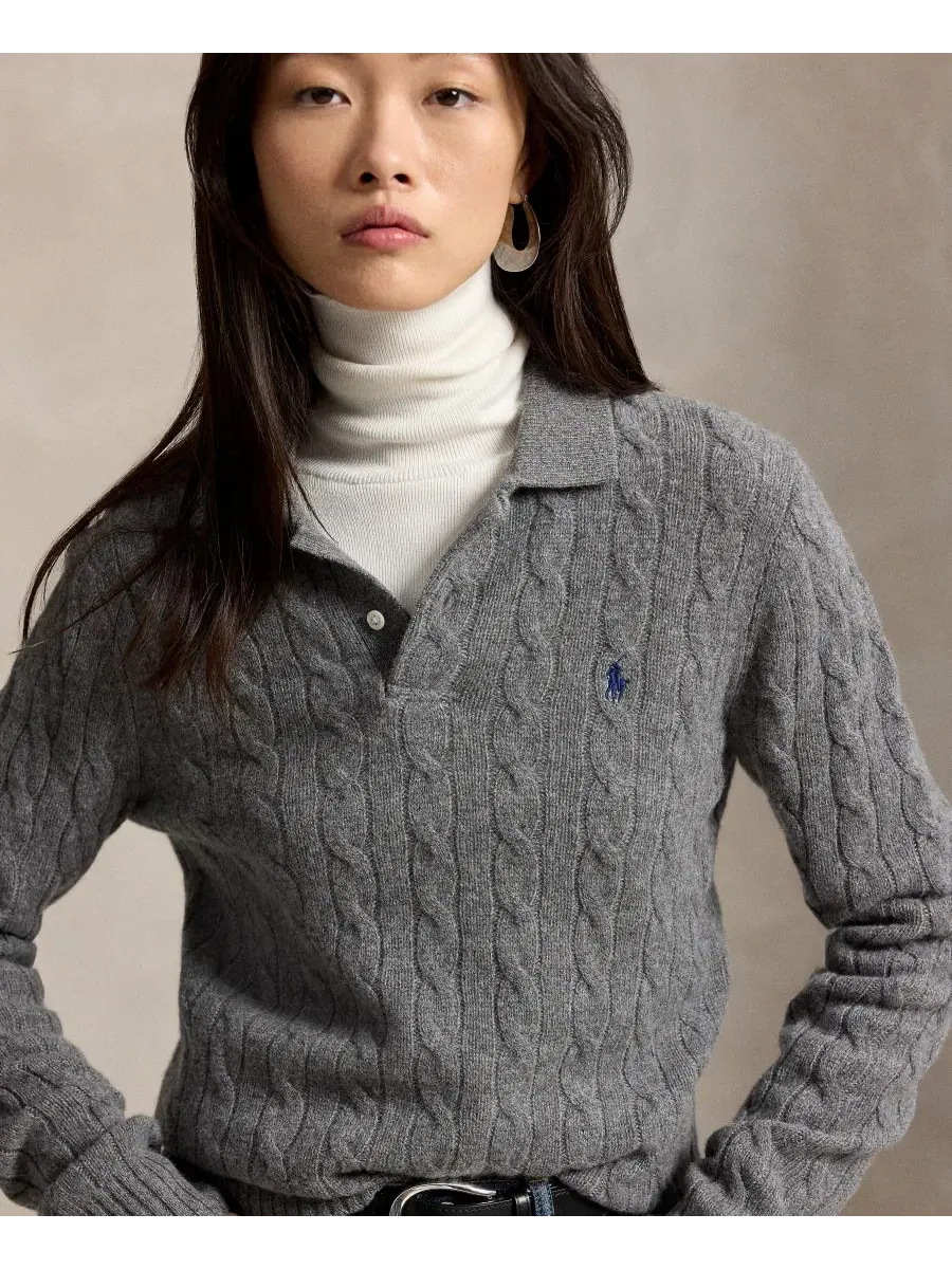 Свитер с поло-воротником, с длинным рукавом, с косами Polo Ralph Lauren — изображение 3 из 5, серый