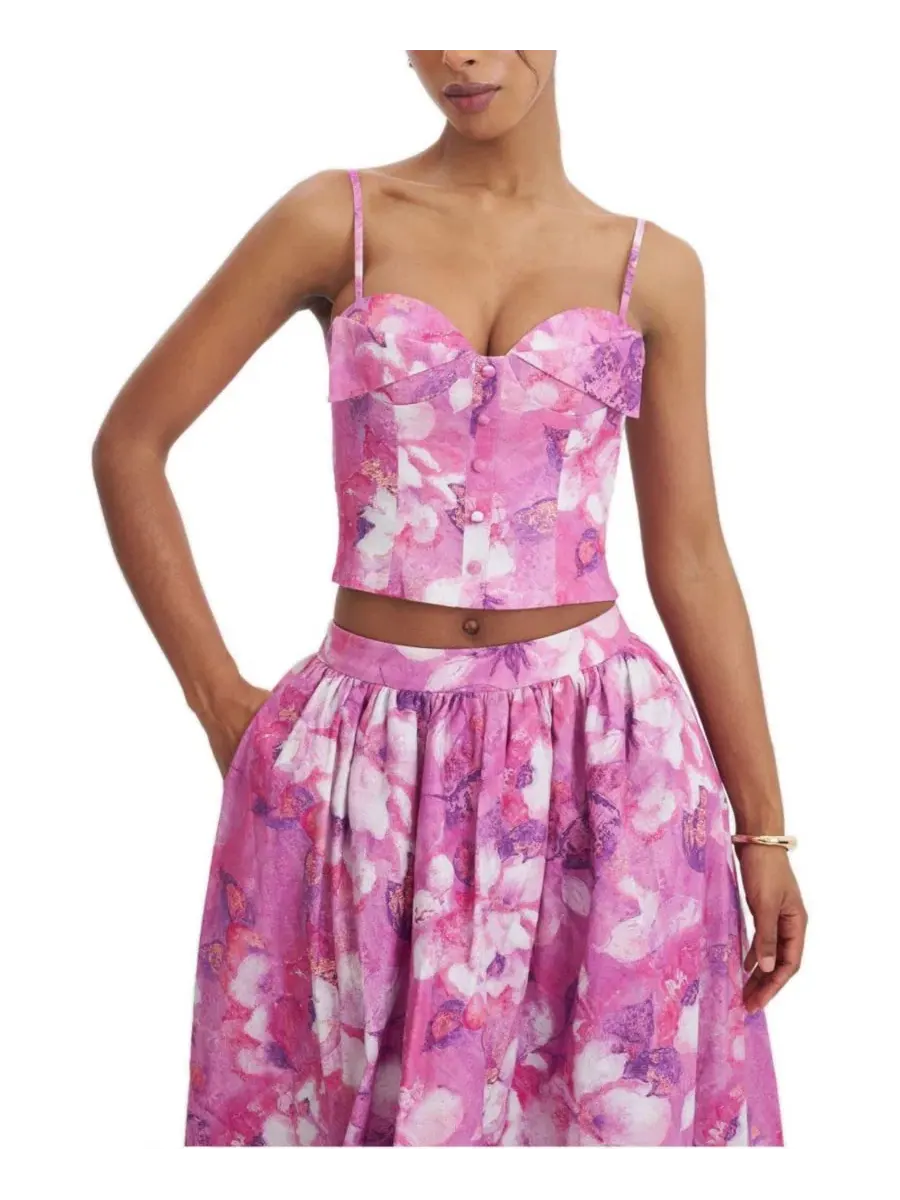 Топ с чашечками и принтом Blooming Linen Sweetheart Foldover Miss Circle — розовый
