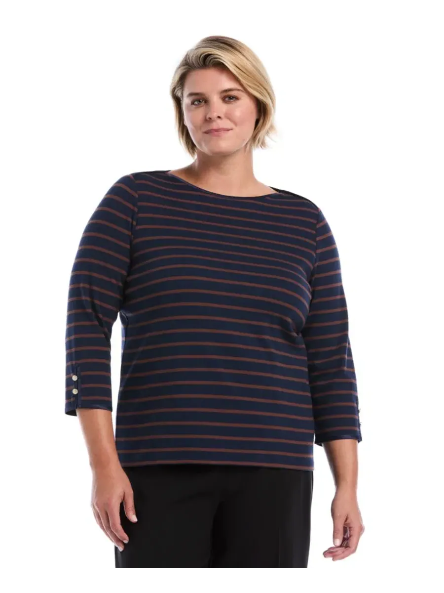 Футболка с лодочным вырезом и рукавом 3/4 Plus Size, модель Striped Boat Neck Rafaella — черный