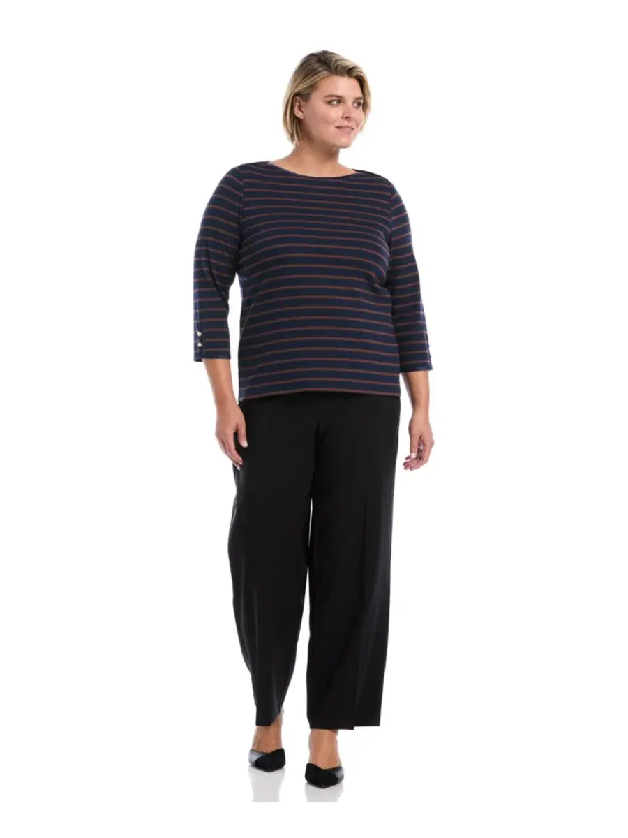 Футболка с лодочным вырезом и рукавом 3/4 Plus Size, модель Striped Boat Neck Rafaella — изображение 2 из 5, черный