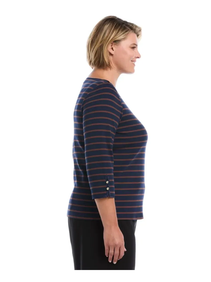 Футболка с лодочным вырезом и рукавом 3/4 Plus Size, модель Striped Boat Neck Rafaella — изображение 3 из 5, черный