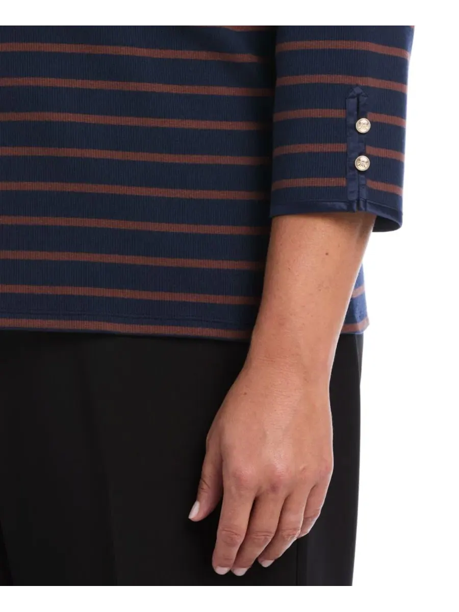 Футболка с лодочным вырезом и рукавом 3/4 Plus Size, модель Striped Boat Neck Rafaella — изображение 4 из 5, черный