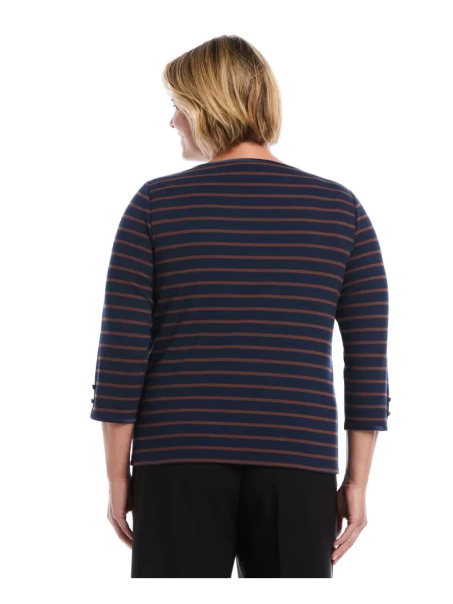 Футболка с лодочным вырезом и рукавом 3/4 Plus Size, модель Striped Boat Neck Rafaella — изображение 5 из 5, черный