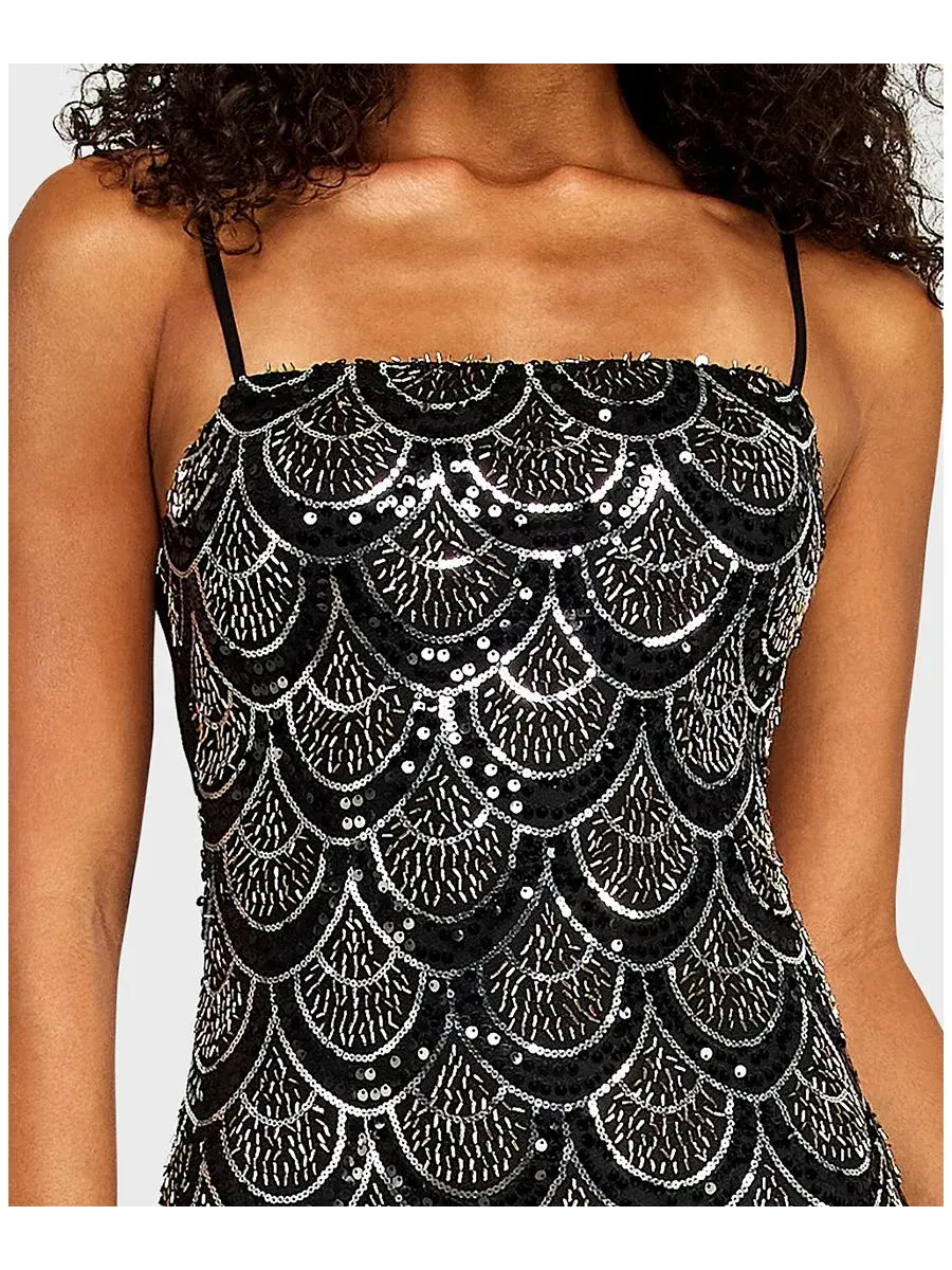 Платье с пайетками и бретельками-спагетти, модель Scalloped Pattern Beaded Detail Chiffon Back-Tie — изображение 4 из 6