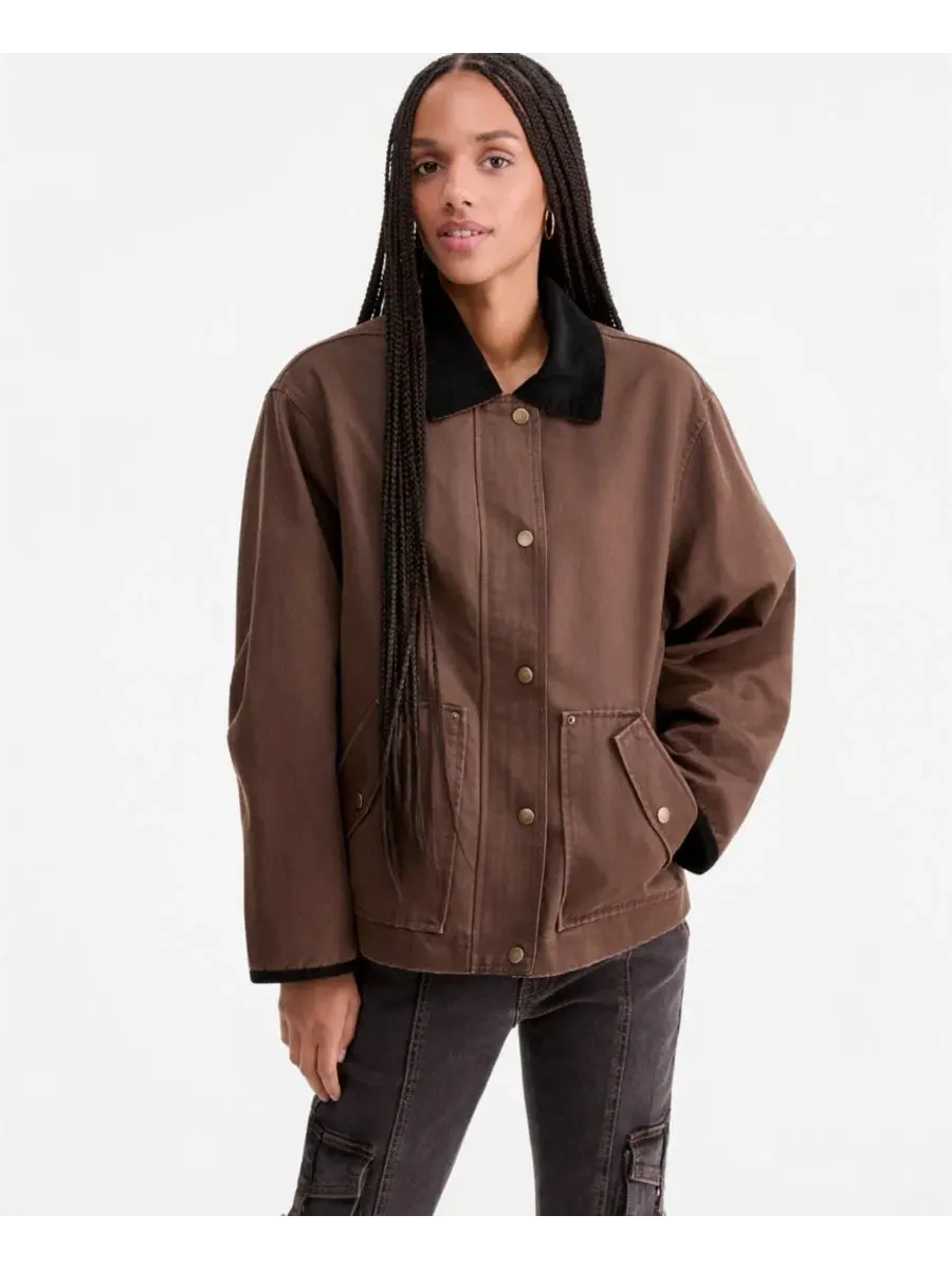 Женская куртка-бомбер с вельветовым воротником, модель Corduroy-Collar Short Wax Barn Jacket — изображение 2 из 5, коричневый