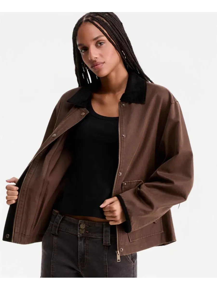 Женская куртка-бомбер с вельветовым воротником, модель Corduroy-Collar Short Wax Barn Jacket — изображение 3 из 5, коричневый