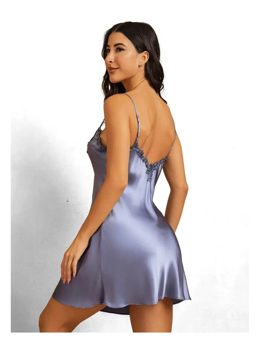 Ночная сорочка из шелка с кружевом Mulberry Silk V-Back Lace Nightgown Slip Dress SilkSilky — изображение 2 из 3, синий