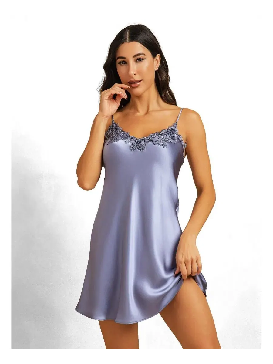 Ночная сорочка из шелка с кружевом Mulberry Silk V-Back Lace Nightgown Slip Dress SilkSilky — изображение 3 из 3, синий