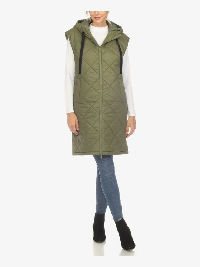 Женская длинная куртка-пуховик со стеганым капюшоном и ромбовидным узором White Mark — изображение 1 из 5, оливковый