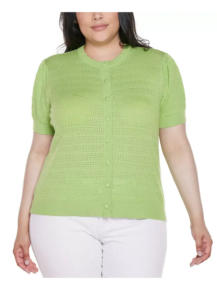Кардиган с ажурной вязкой и фигурной планкой Plus Size Belldini — изображение 1 из 4, писташковый