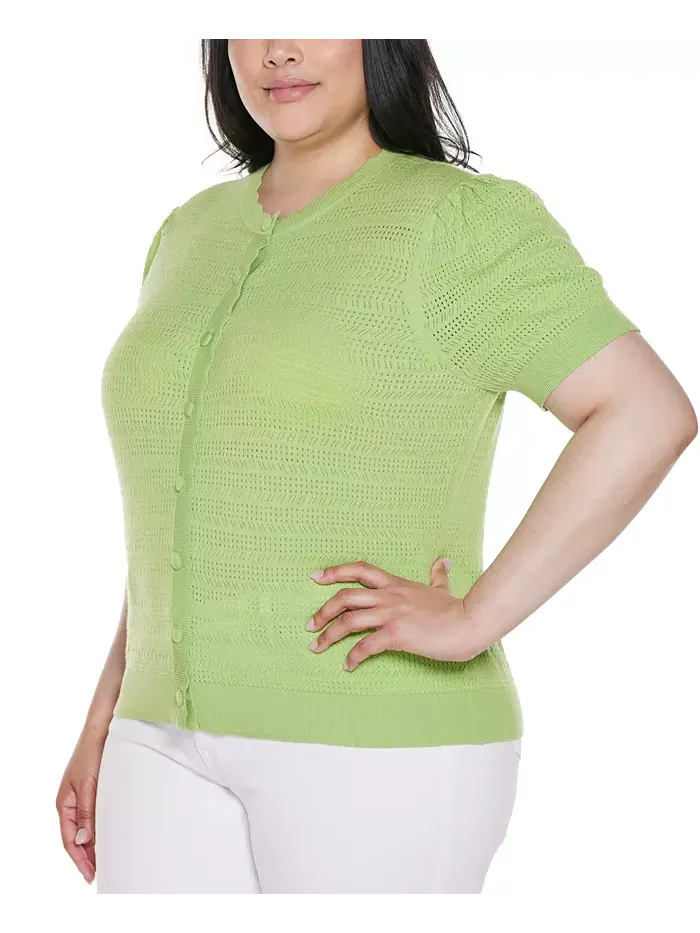 Кардиган с ажурной вязкой и фигурной планкой Plus Size Belldini — изображение 3 из 4, писташковый