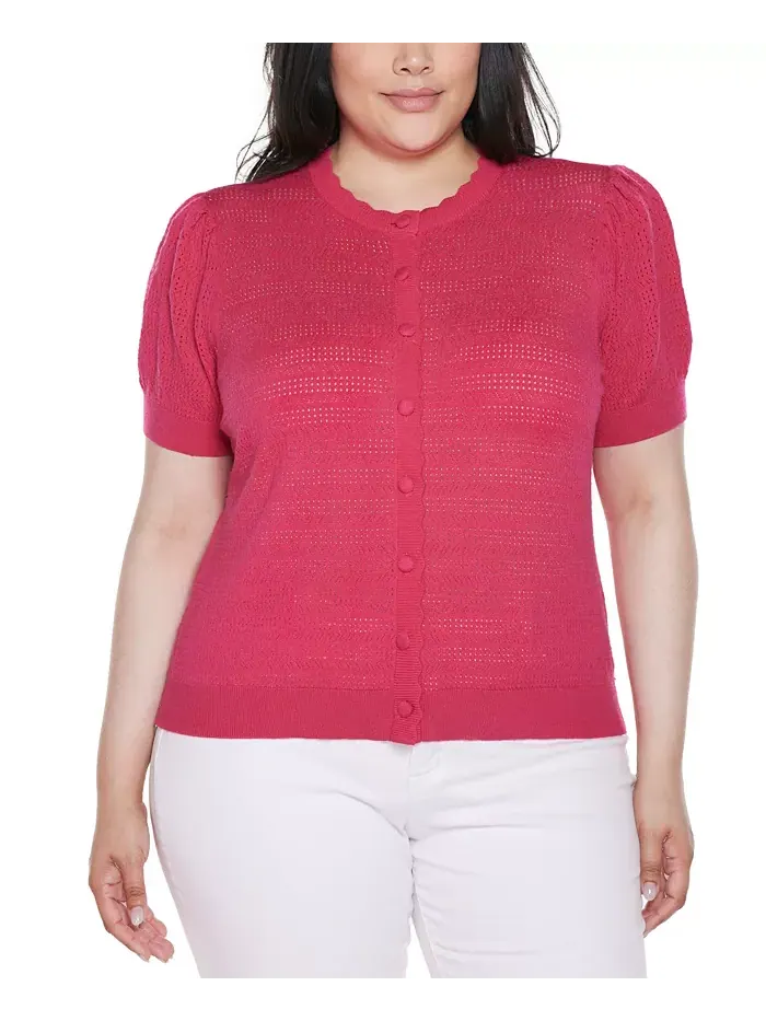 Кардиган с ажурной вязкой и фигурной планкой Plus Size Belldini — мульти