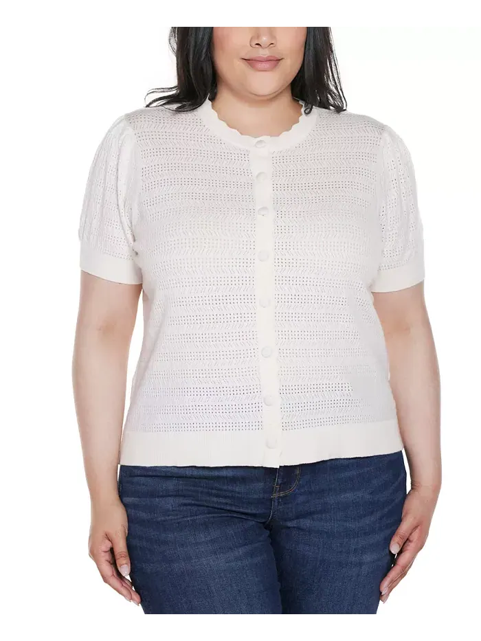 Кардиган с ажурной вязкой и фигурной планкой Plus Size Belldini — изображение 1 из 4, белый