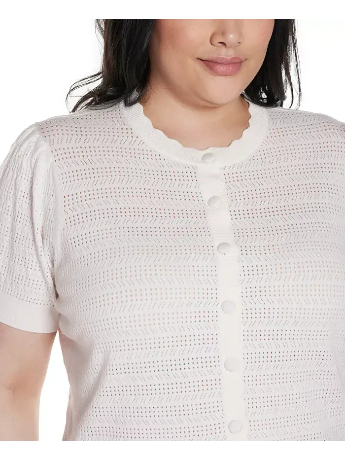 Кардиган с ажурной вязкой и фигурной планкой Plus Size Belldini — изображение 3 из 4, белый
