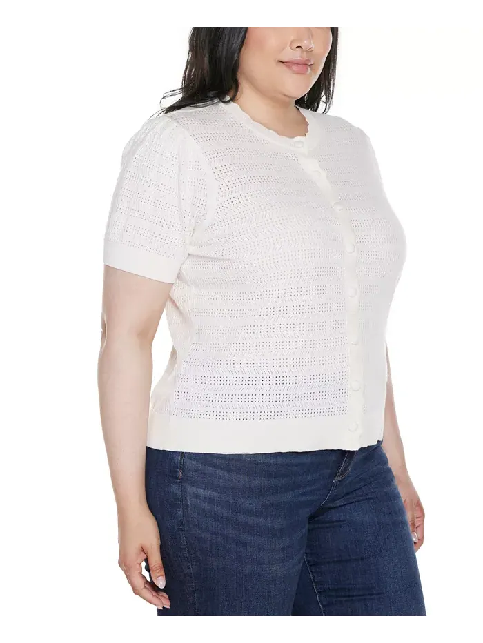 Кардиган с ажурной вязкой и фигурной планкой Plus Size Belldini — изображение 4 из 4, белый