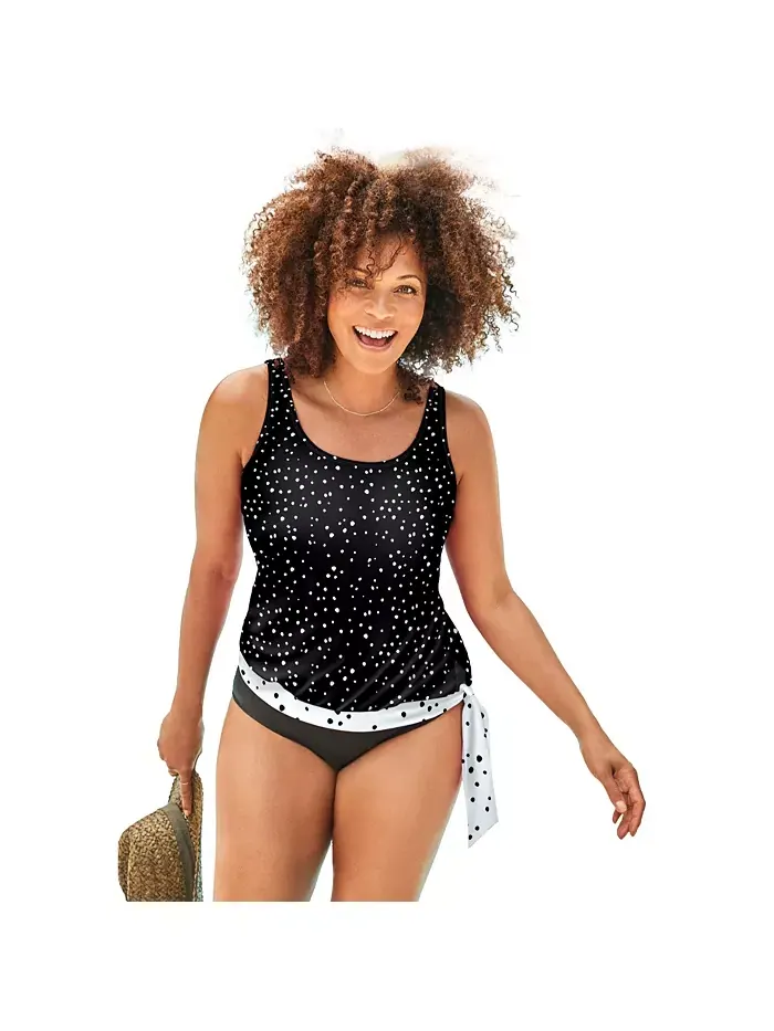 Женский топ-танкини с завязками по бокам и кокеткой Swimsuits for All — изображение 1 из 2, черный белый