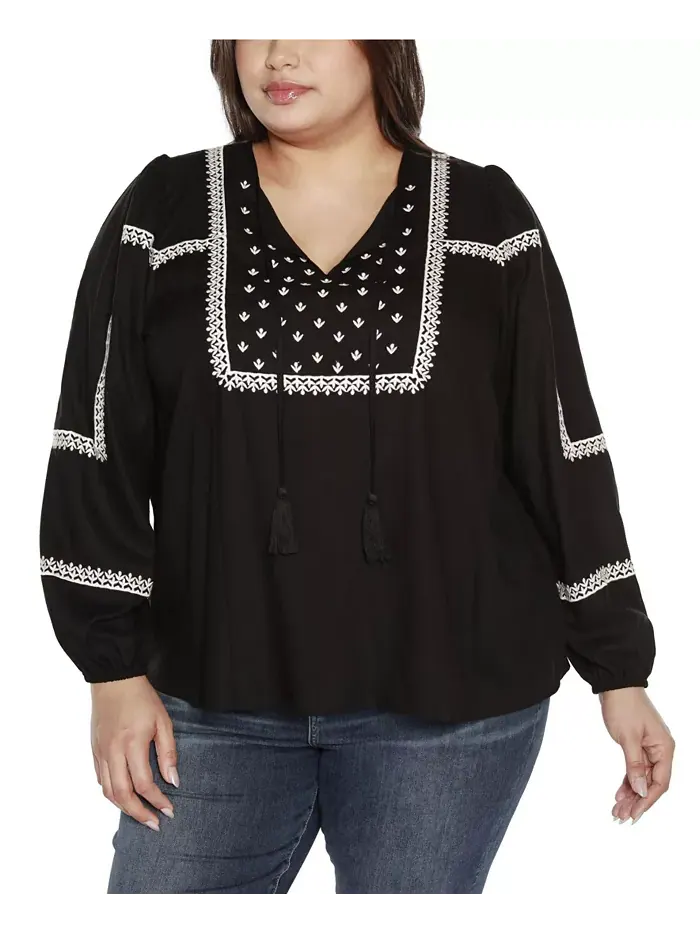 Блузон-топ Black Label Plus Size с вышивкой и завязкой на шее Belldini — черный