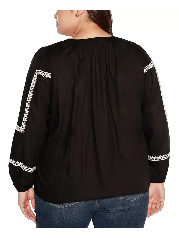 Блузон-топ Black Label Plus Size с вышивкой и завязкой на шее Belldini — изображение 2 из 5, черный