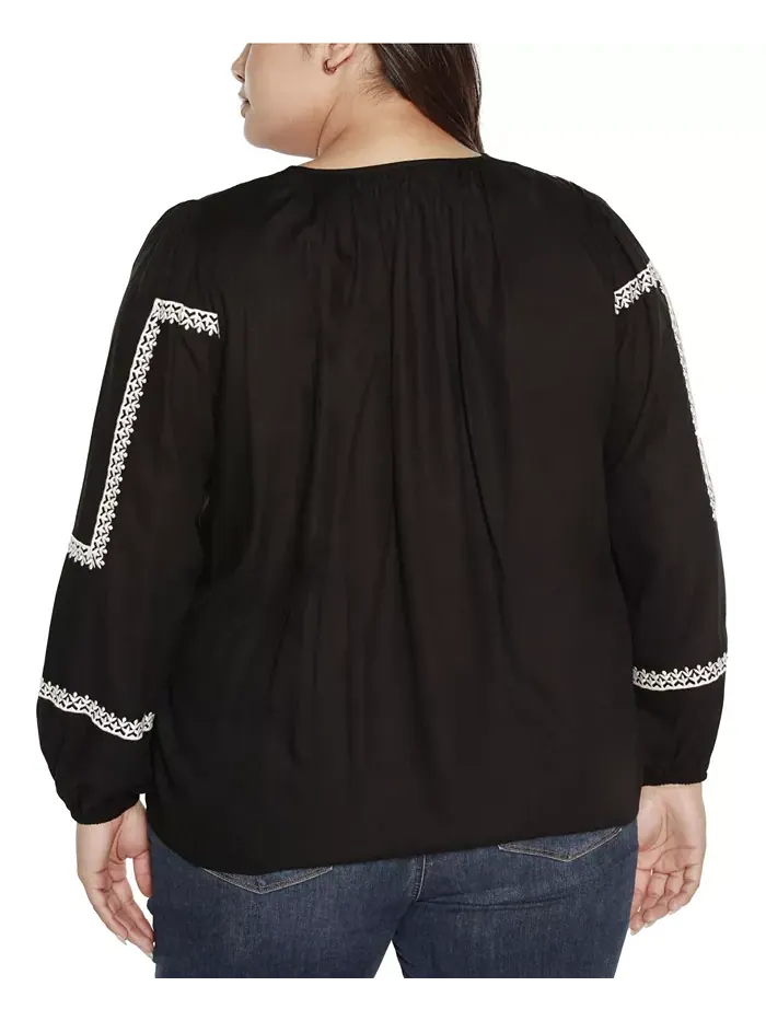 Блузон-топ Black Label Plus Size с вышивкой и завязкой на шее Belldini — изображение 3 из 5, черный