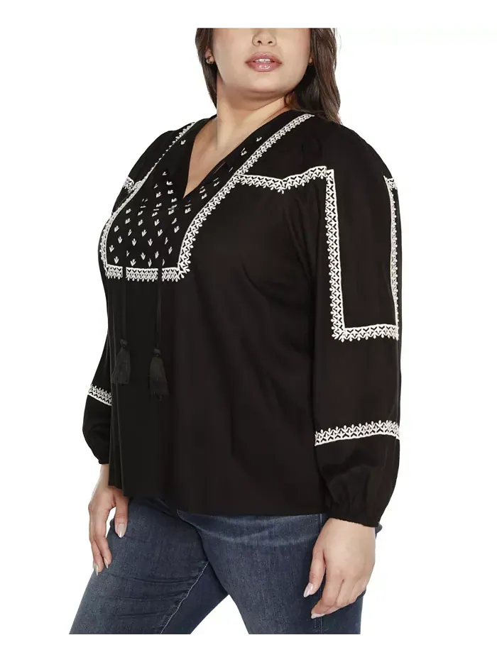 Блузон-топ Black Label Plus Size с вышивкой и завязкой на шее Belldini — изображение 4 из 5, черный