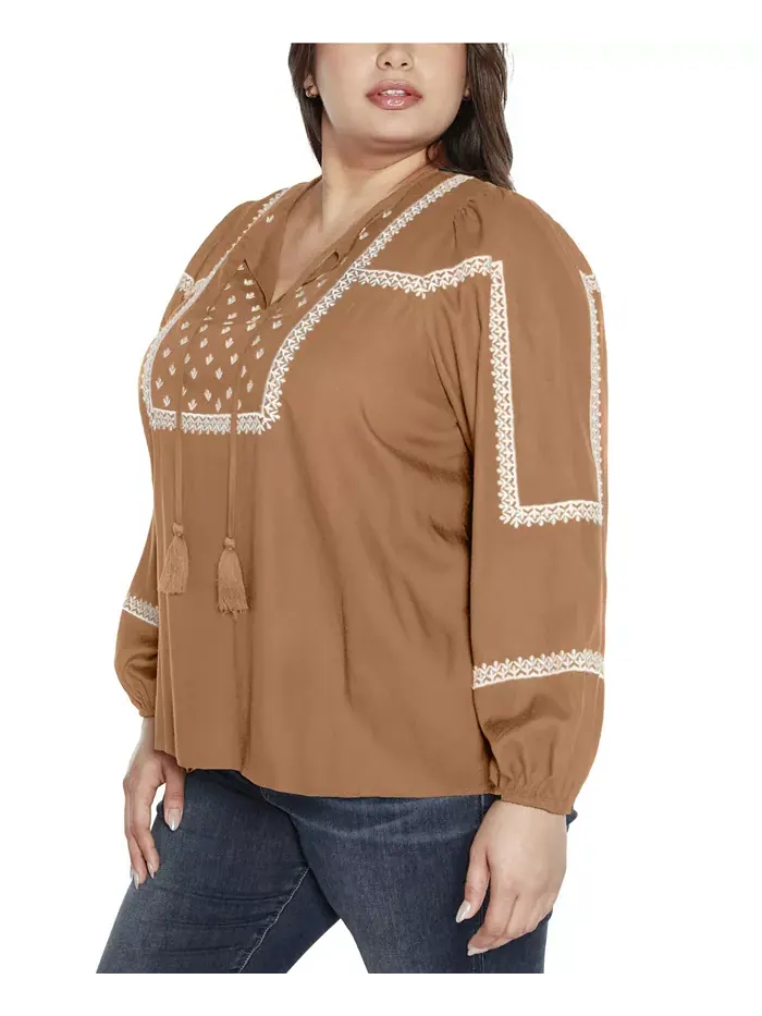 Блузон-топ Black Label Plus Size с вышивкой и завязкой на шее Belldini — изображение 3 из 4, коричневый