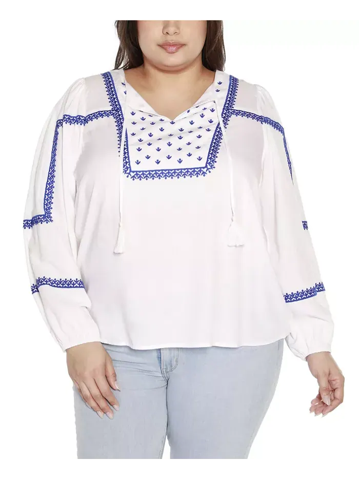 Блузон-топ Black Label Plus Size с вышивкой и завязкой на шее Belldini — изображение 1 из 6, белый