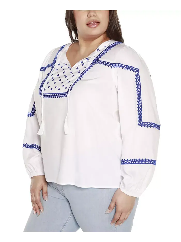 Блузон-топ Black Label Plus Size с вышивкой и завязкой на шее Belldini — изображение 5 из 6, белый