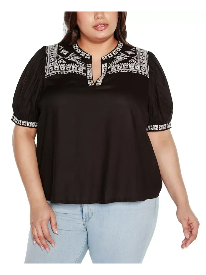 Топ с короткими рукавами Black Label Plus Size с вышивкой в стиле бохо Belldini — черный